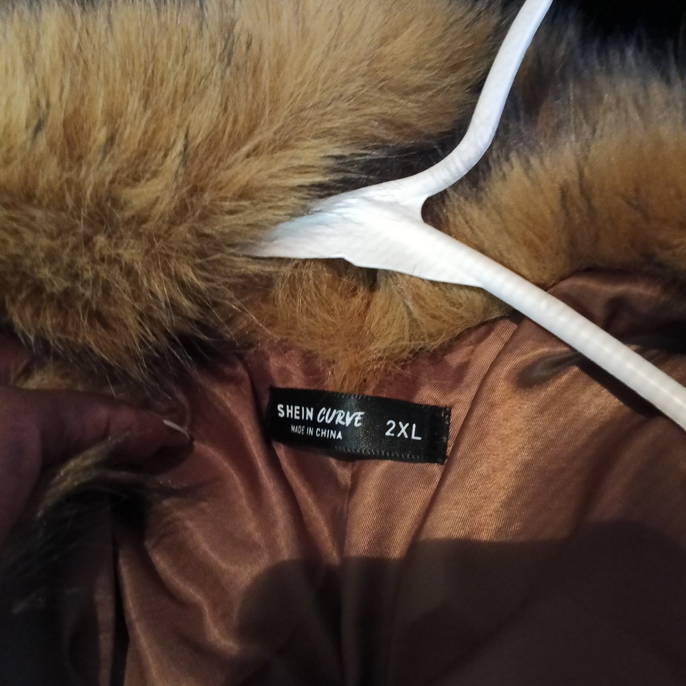 SHEIN Curve Faux Fur Trim Coat - Brown